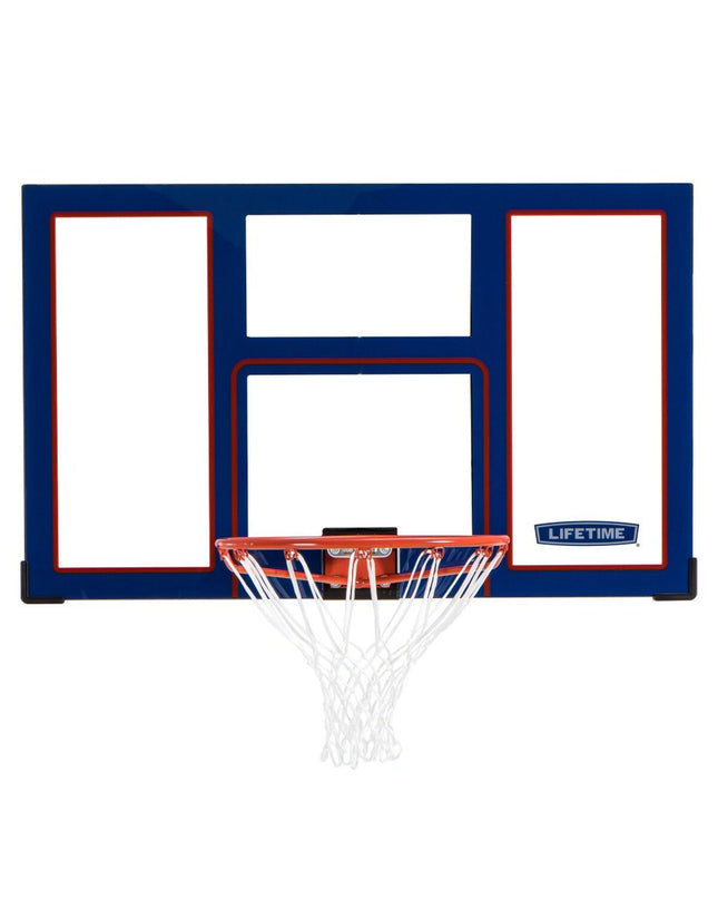 Lifetime basketball hoop with backboard measuring 121 x 75.5 x 65 cm, designed for outdoor sports and basketball play.