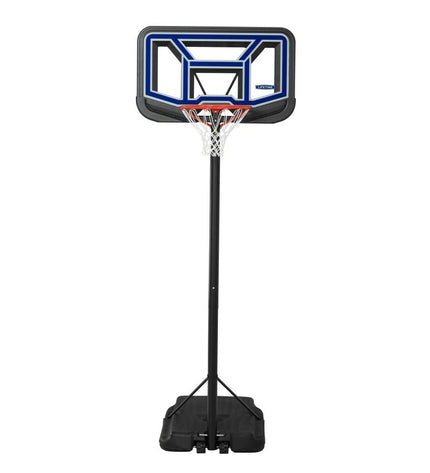 Lifetime basketball hoop with backboard, pole, and net, designed for outdoor sports, measuring 110x305x159 cm.