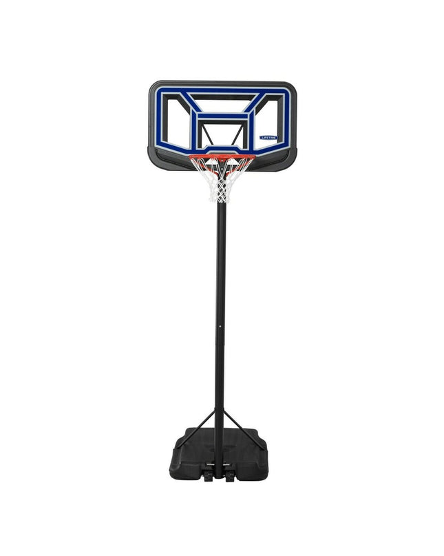 Lifetime basketball hoop with backboard, pole, and net, designed for outdoor sports, measuring 110x305x159 cm.