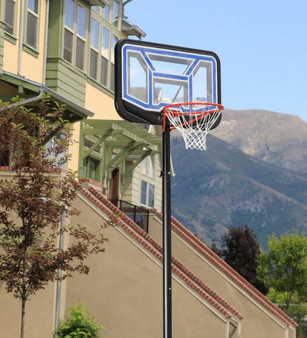 Lifetime basketball goal for outdoor sports, featuring a sturdy backboard and net, ideal for outdoor basketball play.