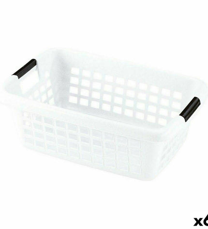 Six white 50L laundry baskets with handles from BigBuy Home, ideal for household storage and organization.
