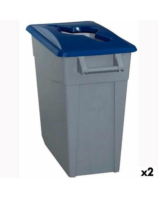 Pair of Denox blue 65L recycling trash bins for home and kitchen storage, showing their sleek design and capacity.
