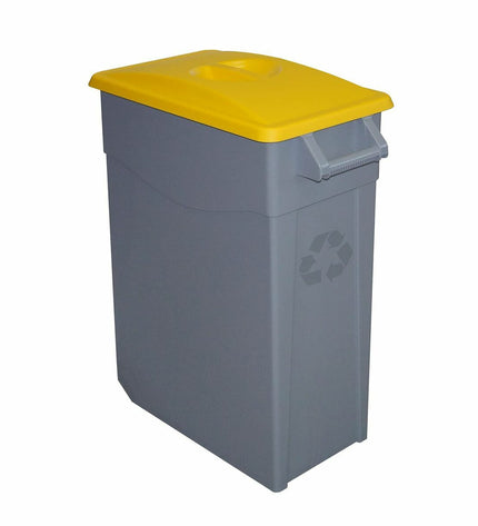 Pair of Denox yellow 65L recycling bins for home and kitchen organization with click-close lids, shown side by side.
