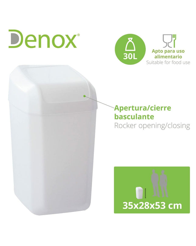 White Denox 30L waste bin for home and kitchen storage, featuring a sleek design and durable construction.