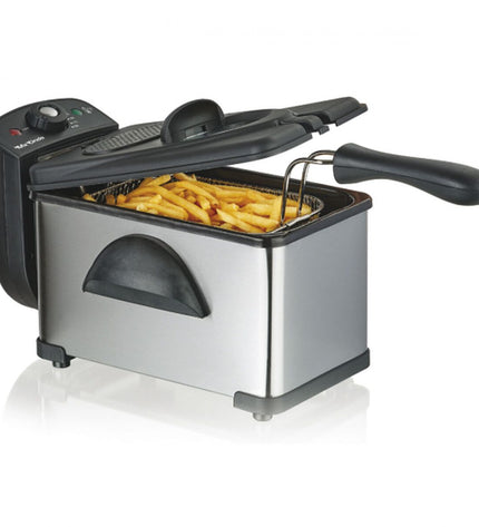 Mx Onda MXFR2126 2L 1800W deep fryer for home cooking, featuring a compact design and stainless steel exterior.