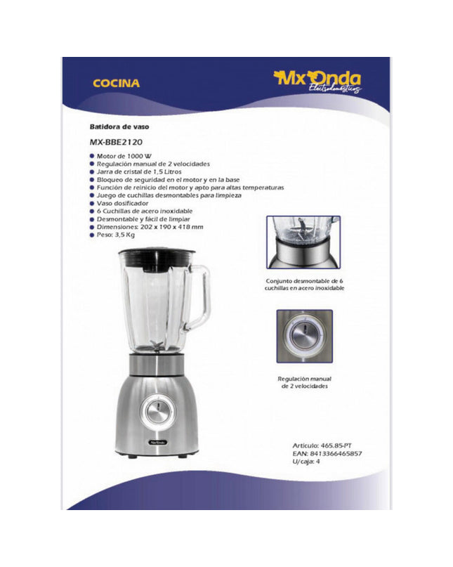 Mx Onda MXBBE2120 stainless steel mixer with 1000W motor, compact design for home cooking and small electric appliances.