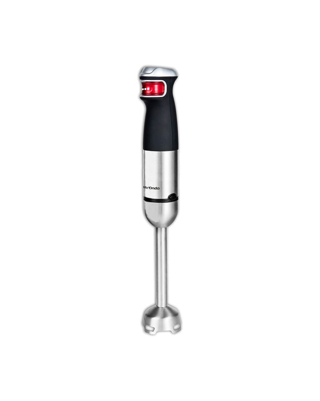 Mx Onda BB2500 hand blender with 1200W motor for kitchen use, showing the sleek handheld design and blending attachments.