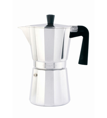 Oroley Italiaanse koffiemolen in aluminium for brewing authentic espresso, with a sleek silver finish and sturdy handle.