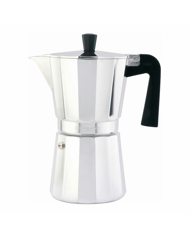 Oroley New Vitro aluminium Italian coffee pot with 9 cups, suitable for home brewing and kitchen use.