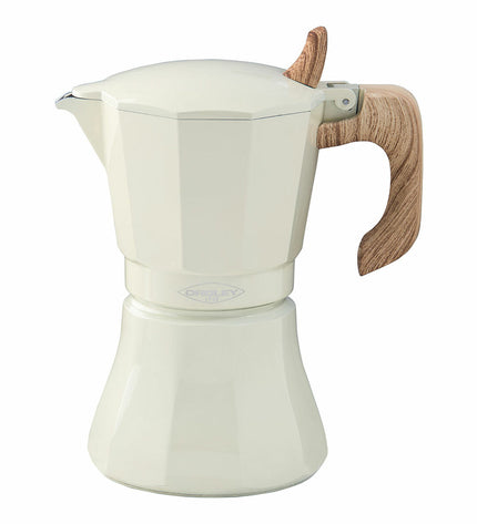 Oroley Petra Crème aluminium Italian coffee pot with 6 cups, ideal for brewing traditional espresso in the kitchen.