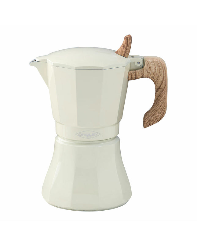 Oroley Petra Crème aluminium Italian coffee pot with 6 cups, ideal for brewing traditional espresso in the kitchen.