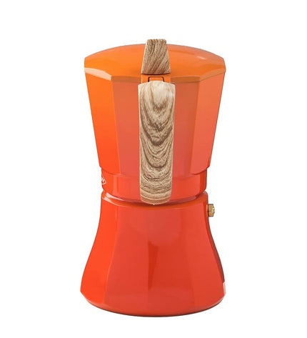 Oroley Petra Oranje aluminium Italiaanse koffiepot with 6 cups, suitable for brewing traditional coffee at home.
