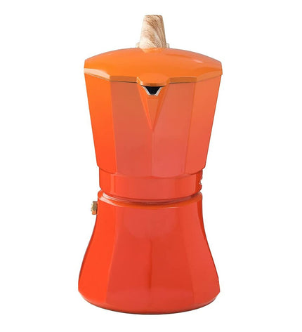 Oroley Petra Oranje aluminium Italiaanse koffiepot with 6 cups for brewing traditional espresso or coffee.