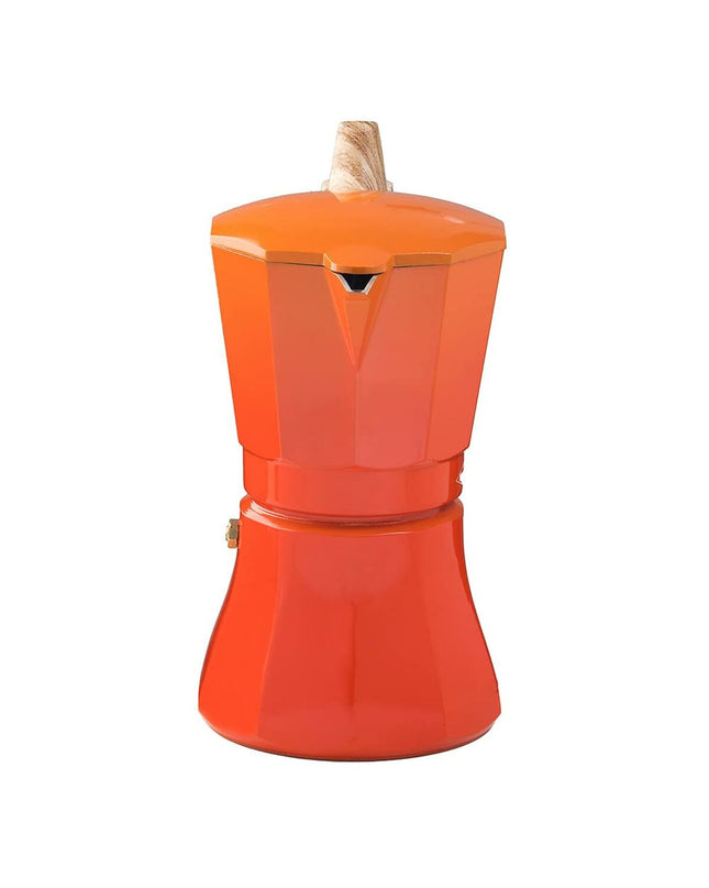 Oroley Petra Oranje aluminium Italiaanse koffiepot with 6 cups for brewing traditional espresso or coffee.