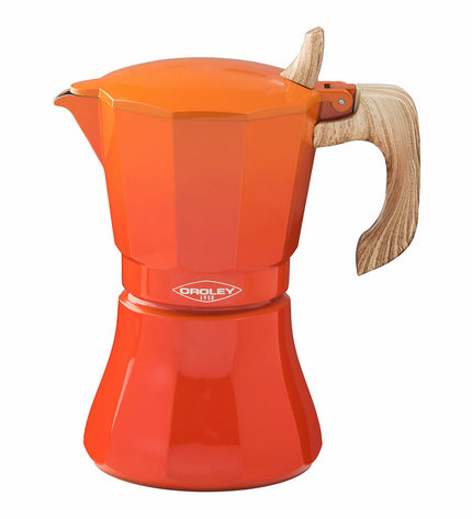 Oroley Petra orange aluminum Italian coffee pot with six cups, ideal for brewing traditional espresso or coffee.