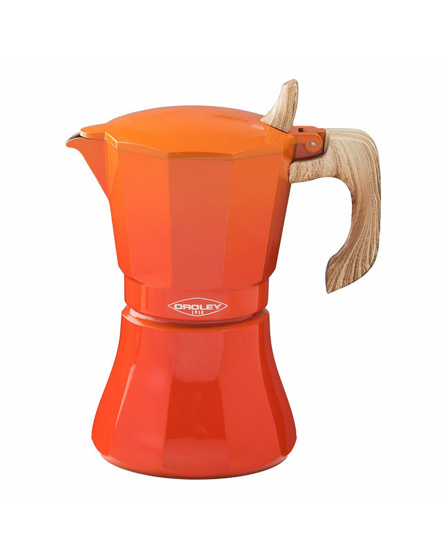 Oroley Petra orange aluminum Italian coffee pot with six cups, ideal for brewing traditional espresso or coffee.