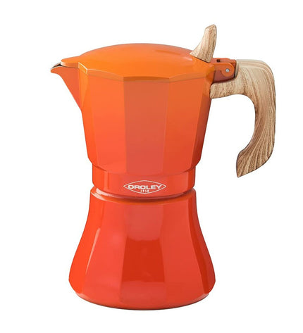 Oroley Italiaanse koffiepot Petra Oranje in aluminium with 9 cups, suitable for brewing coffee on the stove.