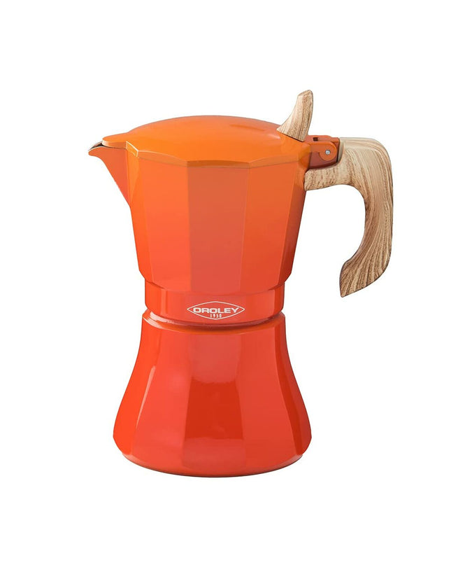 Oroley Italiaanse koffiepot Petra Oranje in aluminium with 9 cups, suitable for brewing coffee on the stove.