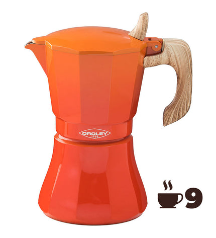 Oroley Petra Oranje aluminium Italiaanse koffiepot with 9 cups, stylish design for brewing traditional espresso in the kitchen.