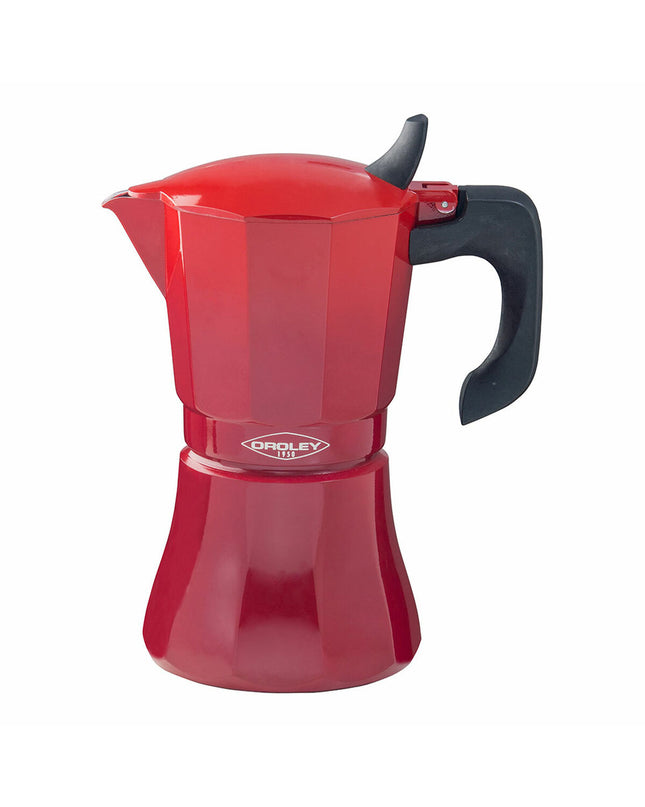 Oroley Petra red aluminum Italian coffee pot with 6 cups for brewing traditional espresso or coffee at home
