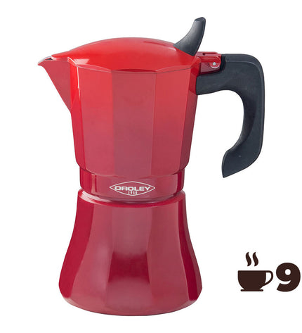 Oroley Petra red aluminium Italian coffee pot with 9 cups for brewing traditional espresso or coffee.