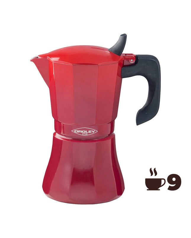 Oroley Petra red aluminium Italian coffee pot with 9 cups for brewing traditional espresso or coffee.