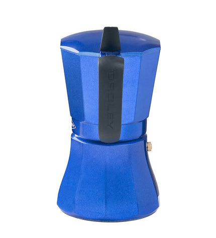 Oroley Petra blauwe Italiaanse koffiepot in aluminium with six cups, perfect for brewing traditional espresso-style coffee.