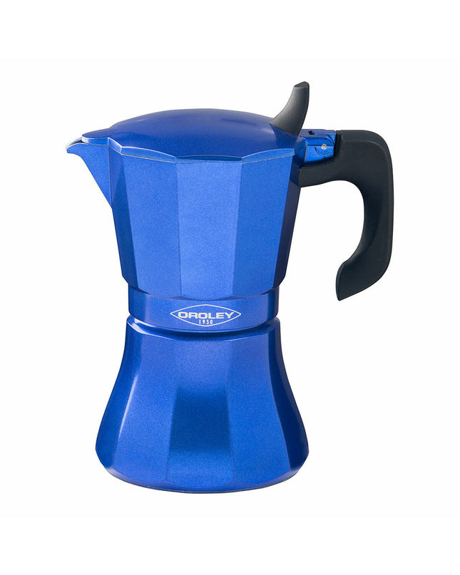 Oroley Petra blauw aluminium Italiaanse koffiemaker met 6 kopjes, geschikt voor huis en koken, koffie en thee.