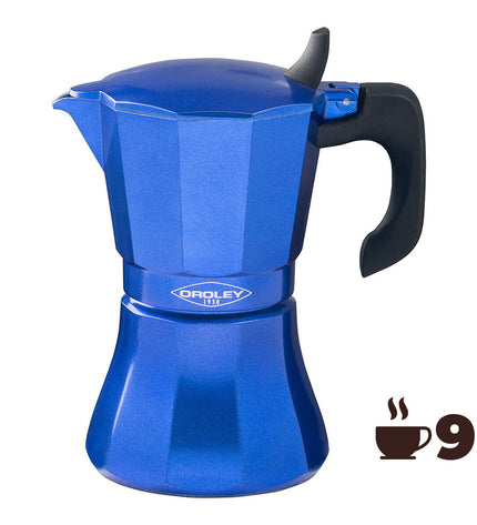 Oroley Petra blauwe aluminium Italiaanse koffiepot met 9 kopjes voor huis en koken, geschikt voor koffiezetten.