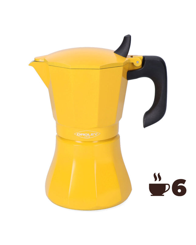 Oroley Petra Mosterd aluminium Italiaanse koffiepot with 6 matching coffee cups for home brewing and serving.