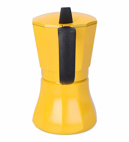 Oroley Petra Mosterd aluminium Italian coffee pot with six cups for brewing traditional espresso at home.