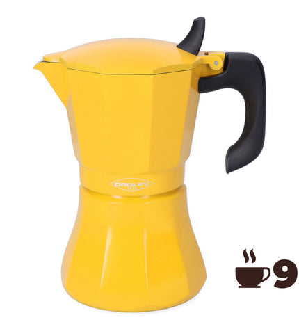 Oroley Petra Mosterd aluminum Italian coffee pot with 9 cups, ideal for brewing traditional espresso in the kitchen.