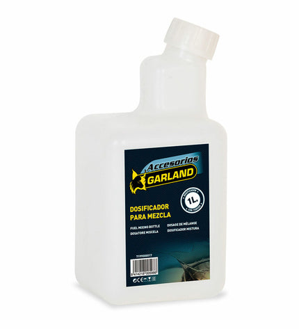 Garland 1L dosing dispenser for garden, pool, and jacuzzi chemicals, shown with the white plastic container and dispensing spout