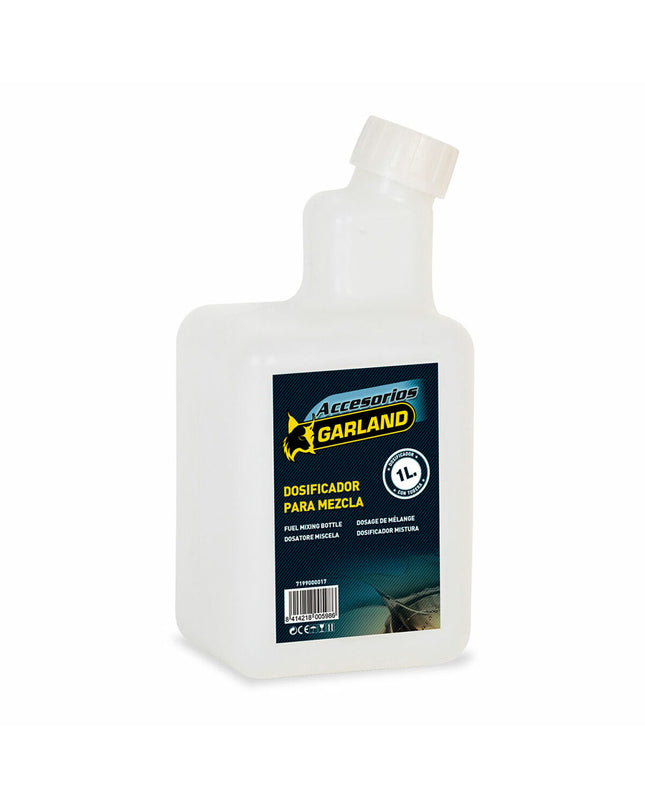 Garland 1L dosing dispenser for garden, pool, and jacuzzi chemicals, shown with the white plastic container and dispensing spout