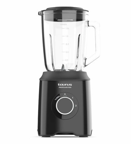 Taurus PRIOR GLASS1500 black 1500W kitchen mixer with 1.5L glass jar and stainless steel blades for blending and mixing.