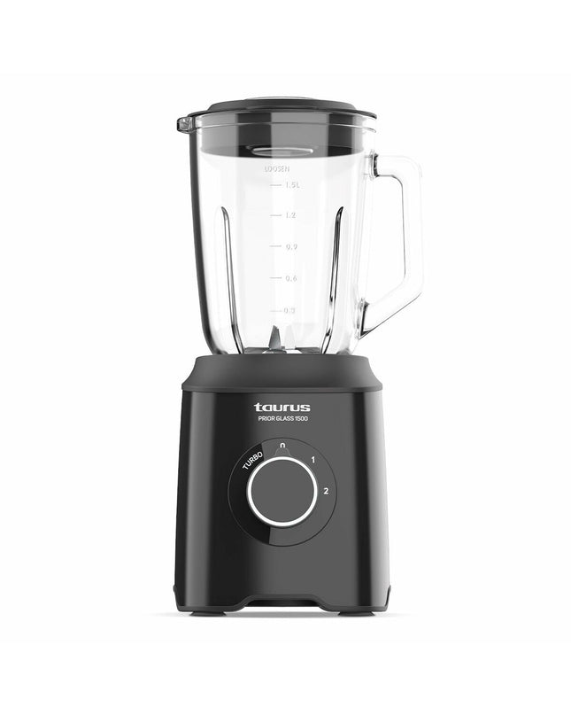 Taurus PRIOR GLASS1500 black 1500W kitchen mixer with 1.5L glass jar and stainless steel blades for blending and mixing.