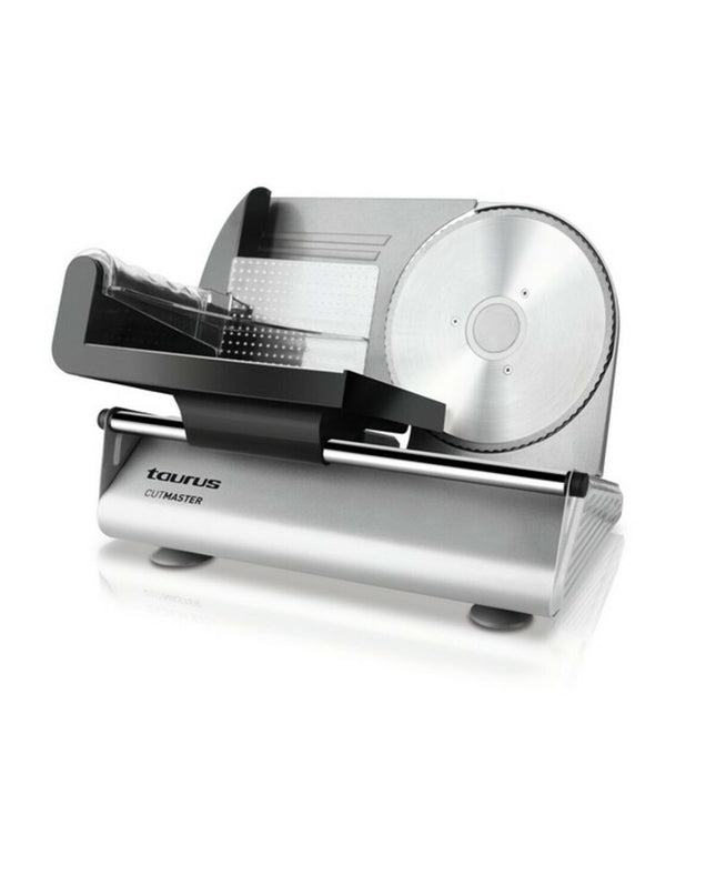 Taurus Cutmaster 150W slicing machine with stainless steel blade for precise cuts in kitchen or home cooking.