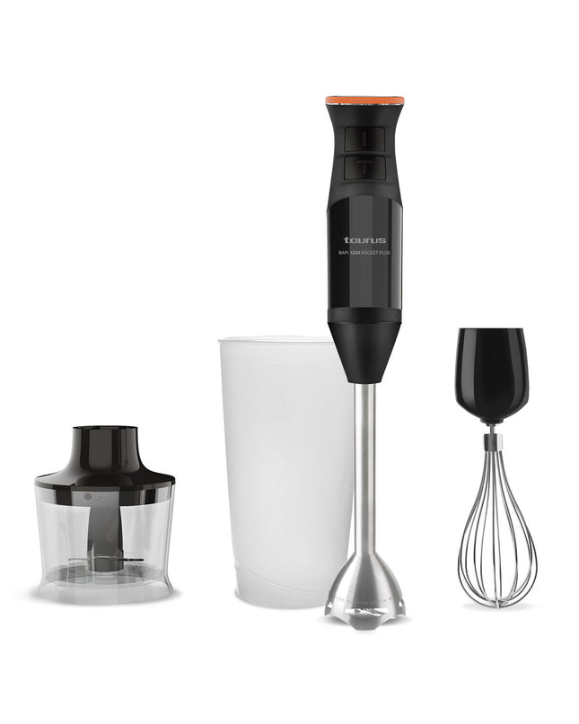 Taurus BAPI 1200 ROCKP black hand blender with 1200W power on a kitchen countertop, showcasing its sleek design and blending attachment.
