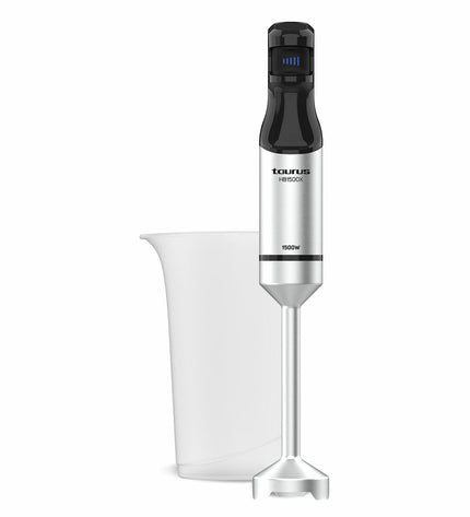 Taurus HB1500WX black hand blender with 1500W power, shown standing upright with blending attachment in a kitchen setting.