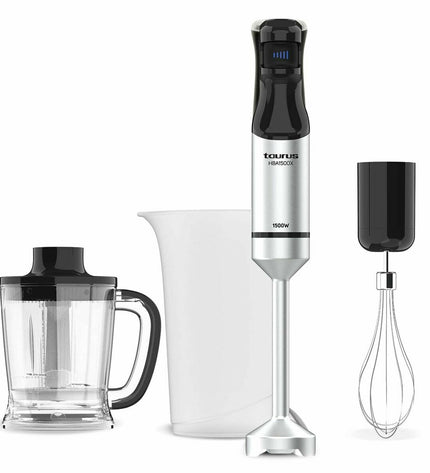 Taurus HBA1500X black and silver hand blender with 1500W power, suitable for home cooking and small electric kitchen appliances.