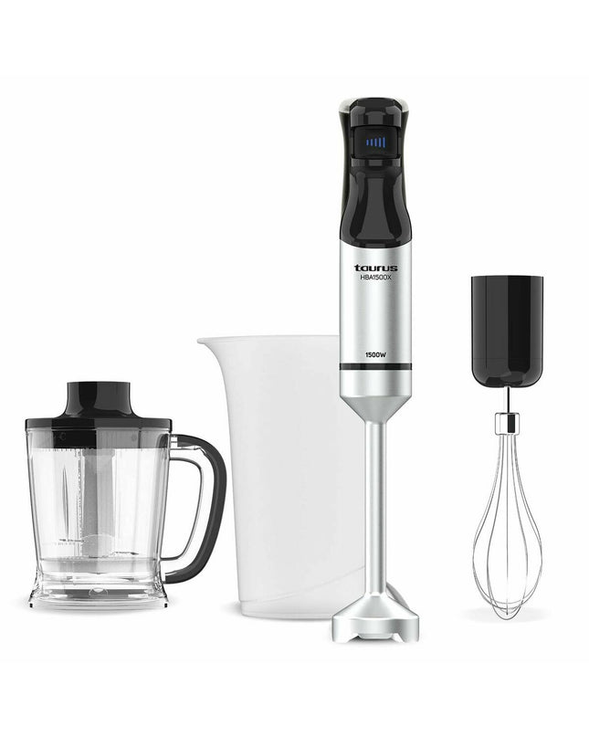 Taurus HBA1500X black and silver hand blender with 1500W power, suitable for home cooking and small electric kitchen appliances.