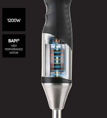 Taurus multifunctional stick blender with accessories for cooking and home use, black and silver design, close-up of blender and attachments