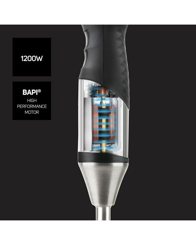 Taurus multifunctional stick blender with accessories for cooking and home use, black and silver design, close-up of blender and attachments
