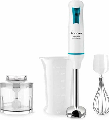 Taurus 750EASY PLUS hand blender with 750W motor, white color, featuring a blending shaft and control buttons for kitchen use.