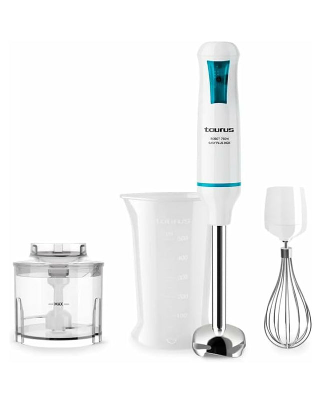 Taurus 750EASY PLUS hand blender with 750W motor, white color, featuring a blending shaft and control buttons for kitchen use.