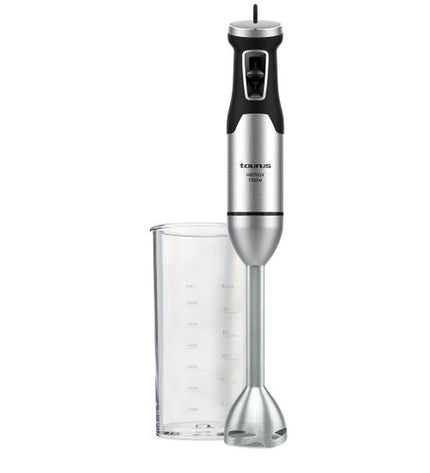 Taurus HB1700X hand blender with stainless steel blending arm and control buttons, shown on a kitchen countertop.