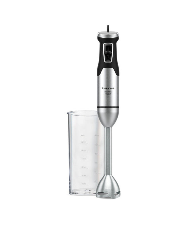 Taurus HB1700X hand blender with stainless steel blending arm and control buttons, shown on a kitchen countertop.