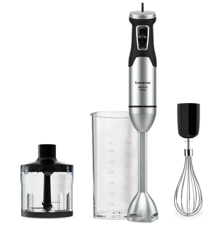 Taurus HBA1700X black hand mixer with stainless steel beaters for kitchen baking and mixing tasks.