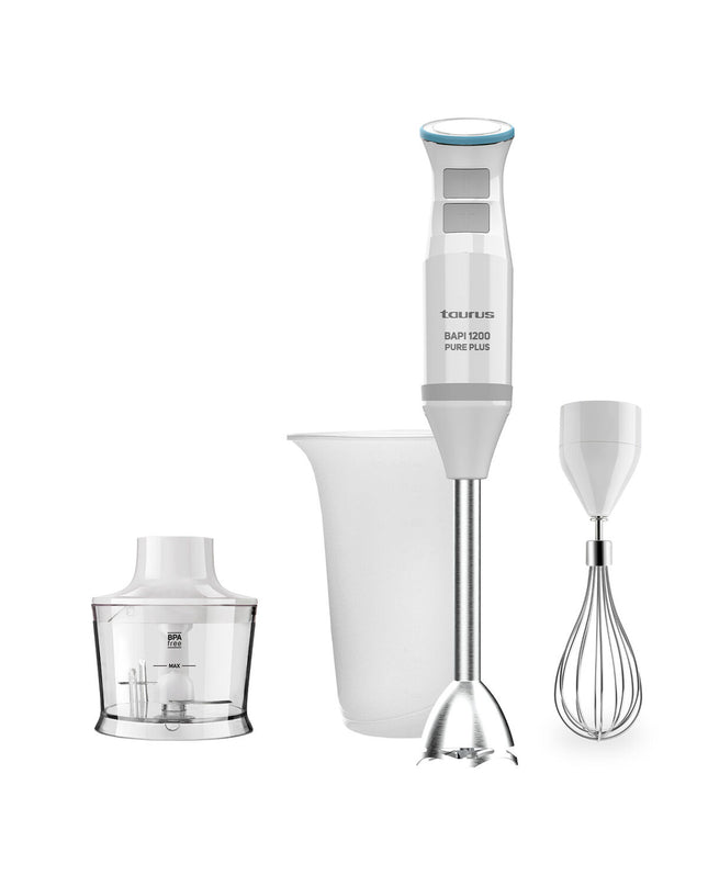 Taurus BAPI 1200 PURE PL hand blender with 1200W power, shown with blending attachment for kitchen use.