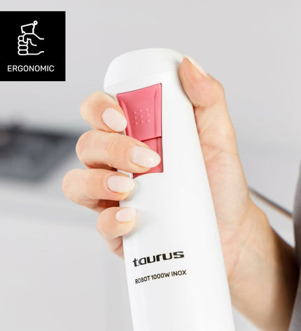 Taurus ROBOT 1000 X black hand blender with 1000W power, shown with blending attachments for kitchen use.